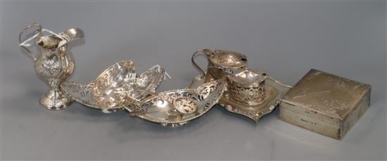 A pair of Mappin & Webb pierced silver bon bon dishes, a George III silver helmet-shaped cream jug and five other items